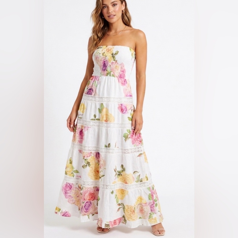 Luisa Made in Italy Floral Linen Smocked Maxi Dress Strapless Lace Tiered White
